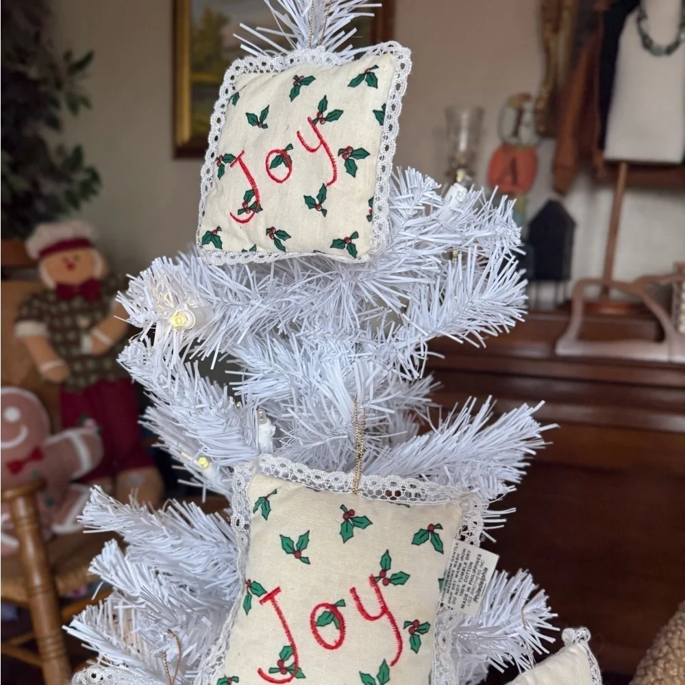 Vintage 1980’s Peace, Joy, Noel White Pillow Ornaments Set of 6